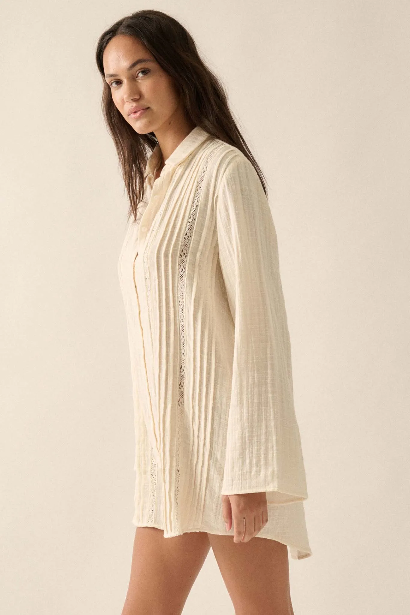 Free to Be Pleated Lace-Trim Mini Shirt Dress
