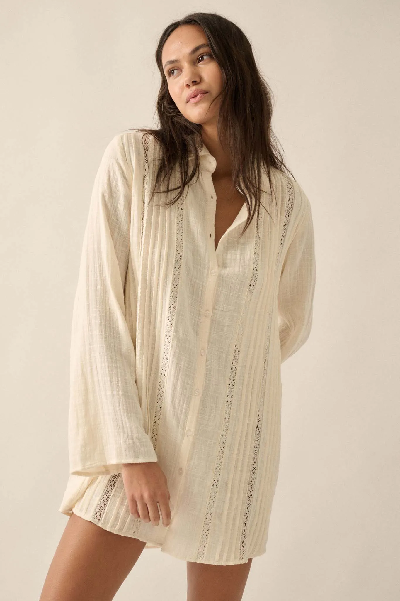 Free to Be Pleated Lace-Trim Mini Shirt Dress
