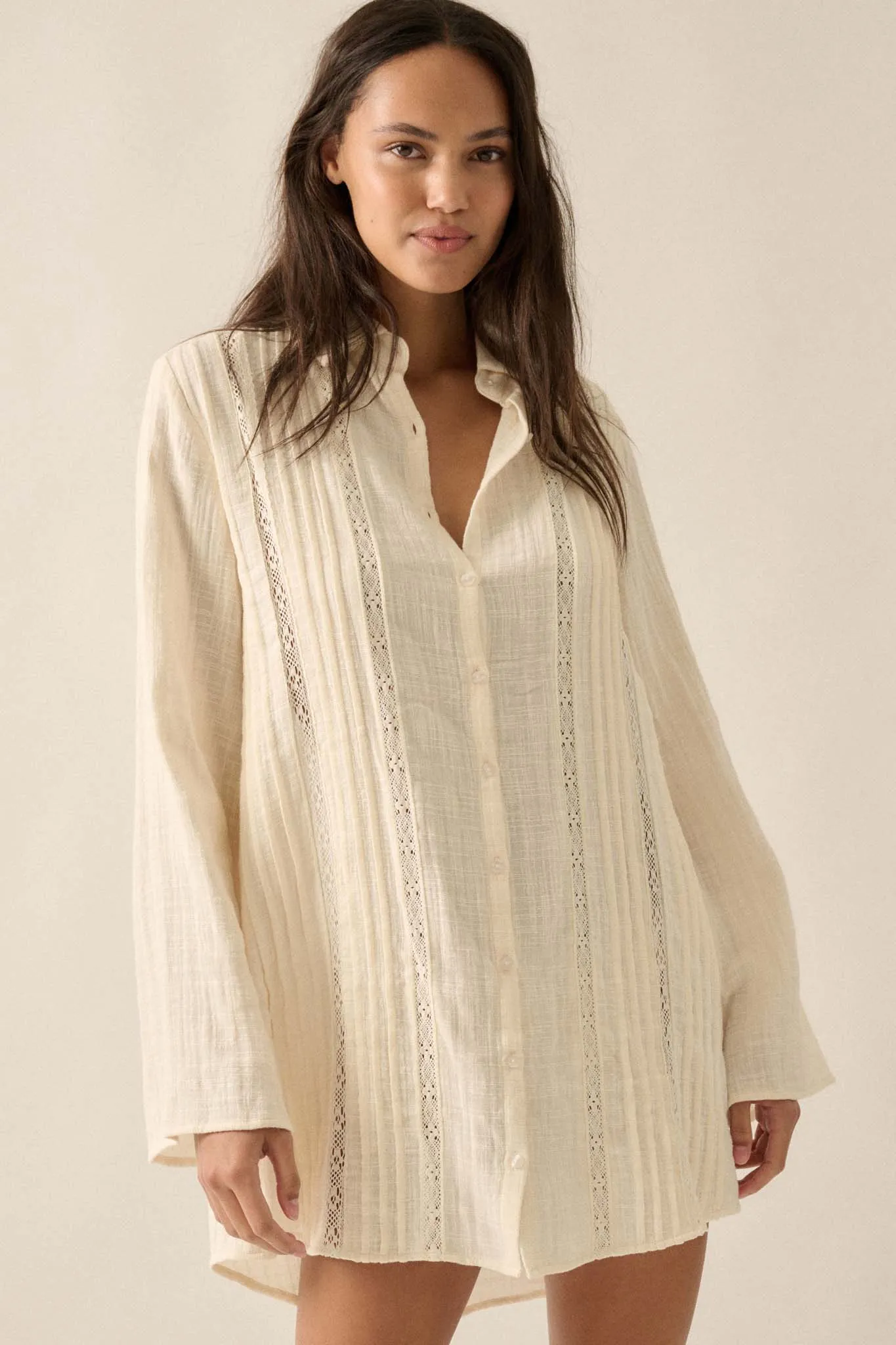 Free to Be Pleated Lace-Trim Mini Shirt Dress