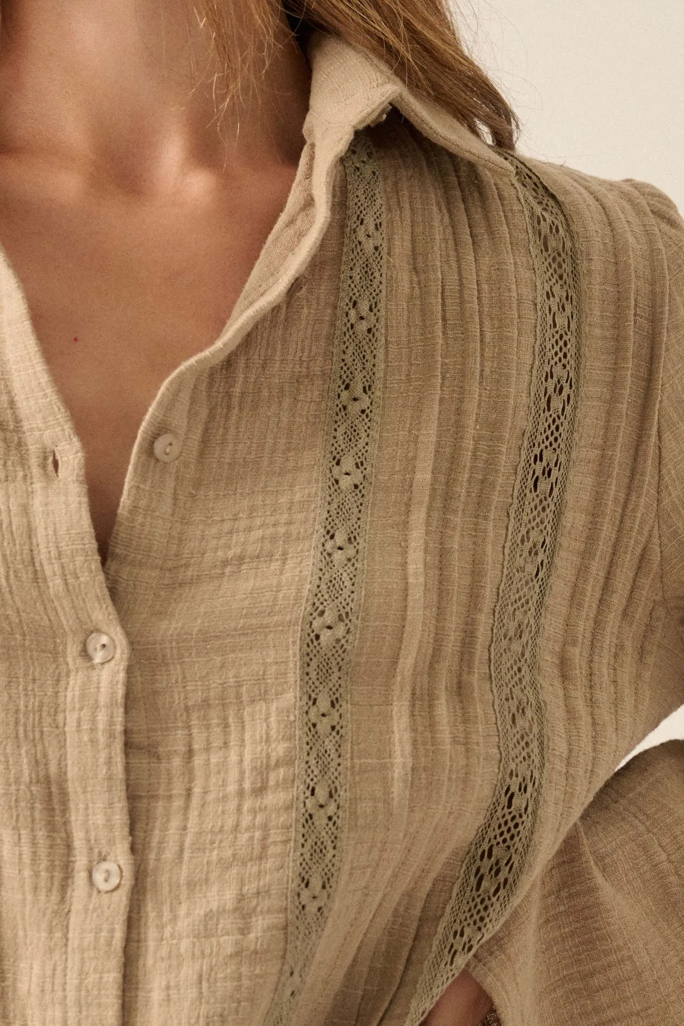 Free to Be Pleated Lace-Trim Mini Shirt Dress