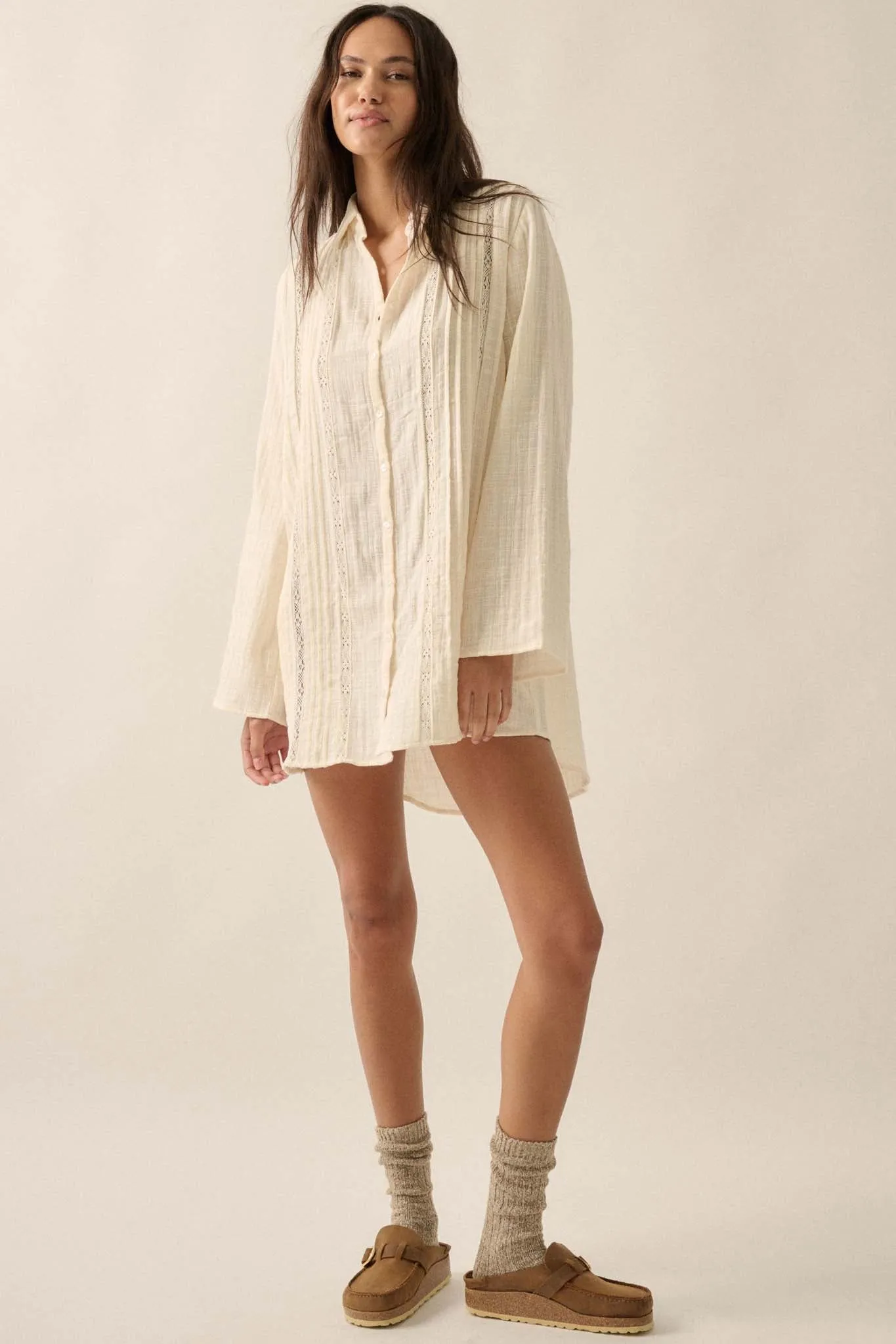 Free to Be Pleated Lace-Trim Mini Shirt Dress