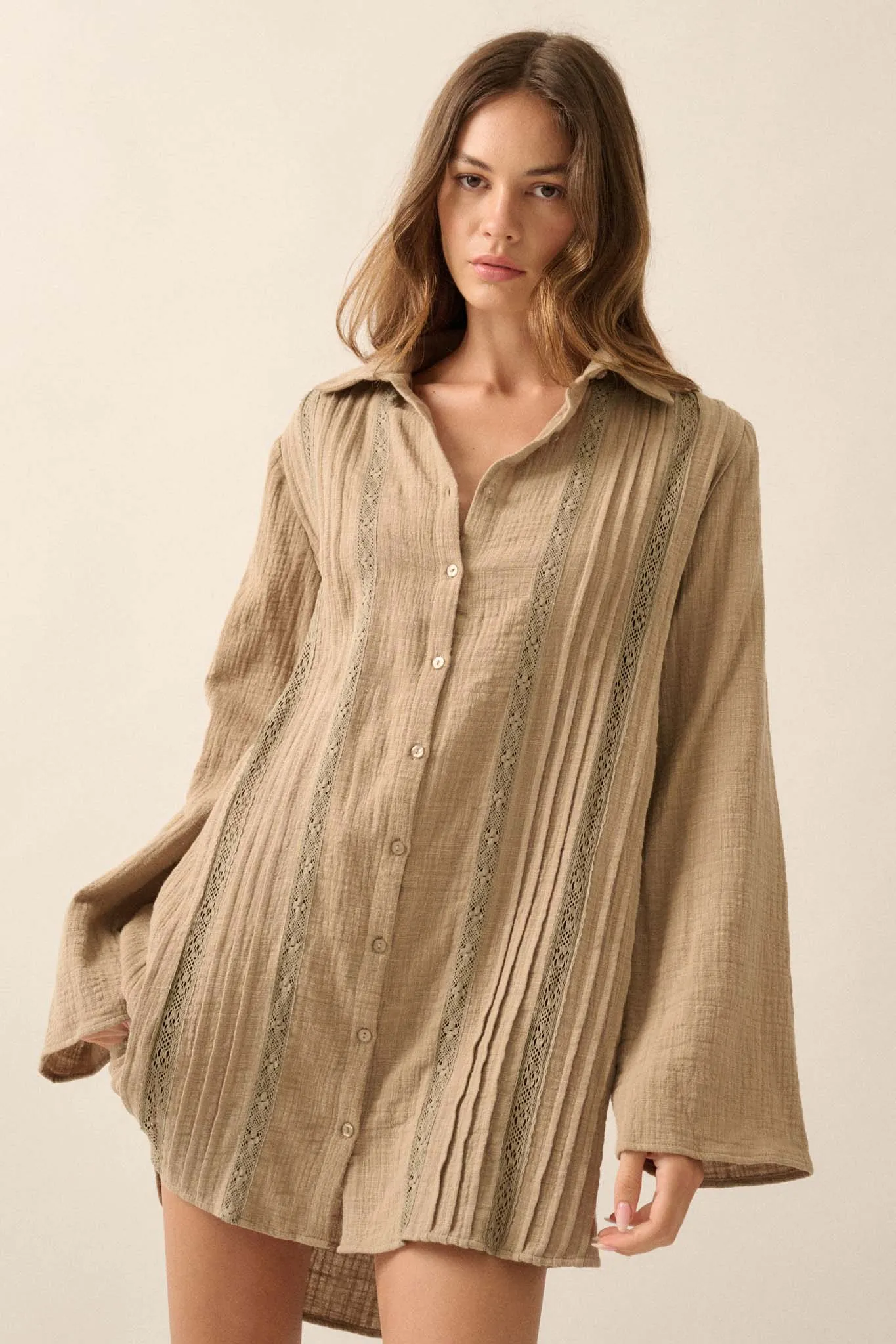 Free to Be Pleated Lace-Trim Mini Shirt Dress