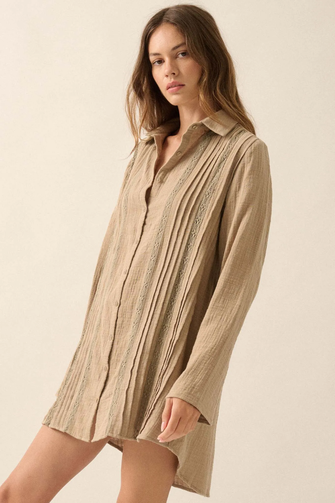 Free to Be Pleated Lace-Trim Mini Shirt Dress