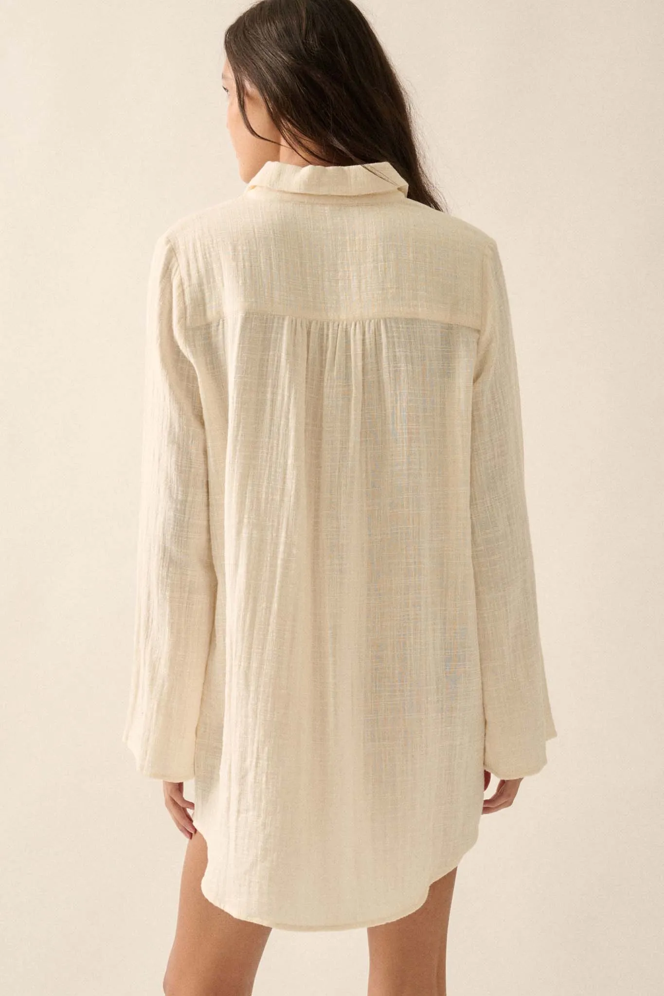 Free to Be Pleated Lace-Trim Mini Shirt Dress