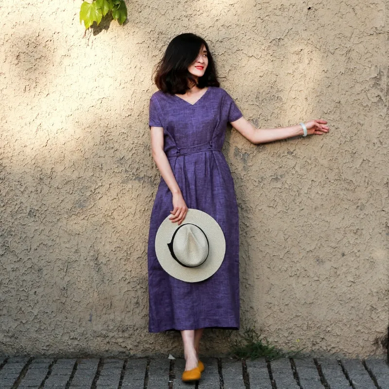 Purple V Neck Summer Women Dresses Short Sleeve Dresses MDYP9751