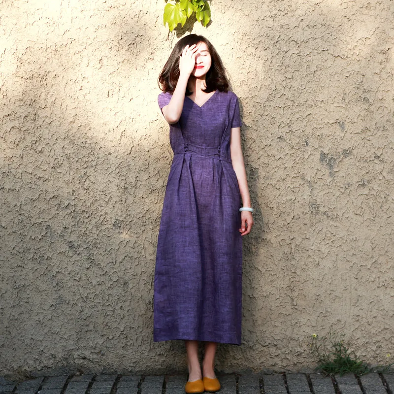 Purple V Neck Summer Women Dresses Short Sleeve Dresses MDYP9751