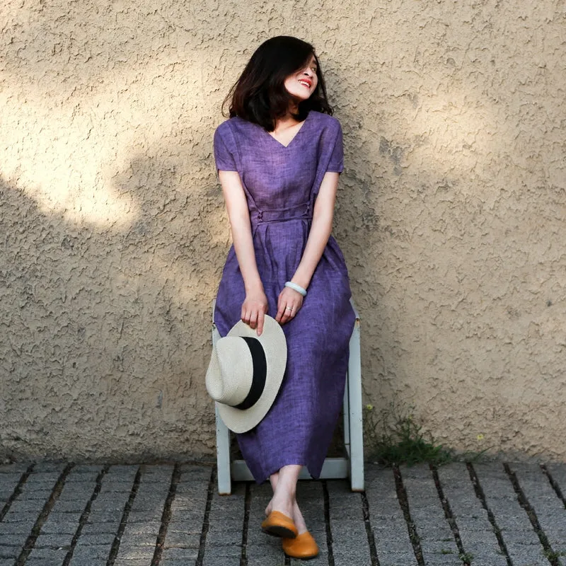 Purple V Neck Summer Women Dresses Short Sleeve Dresses MDYP9751