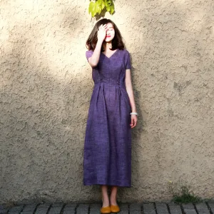 Purple V Neck Summer Women Dresses Short Sleeve Dresses MDYP9751