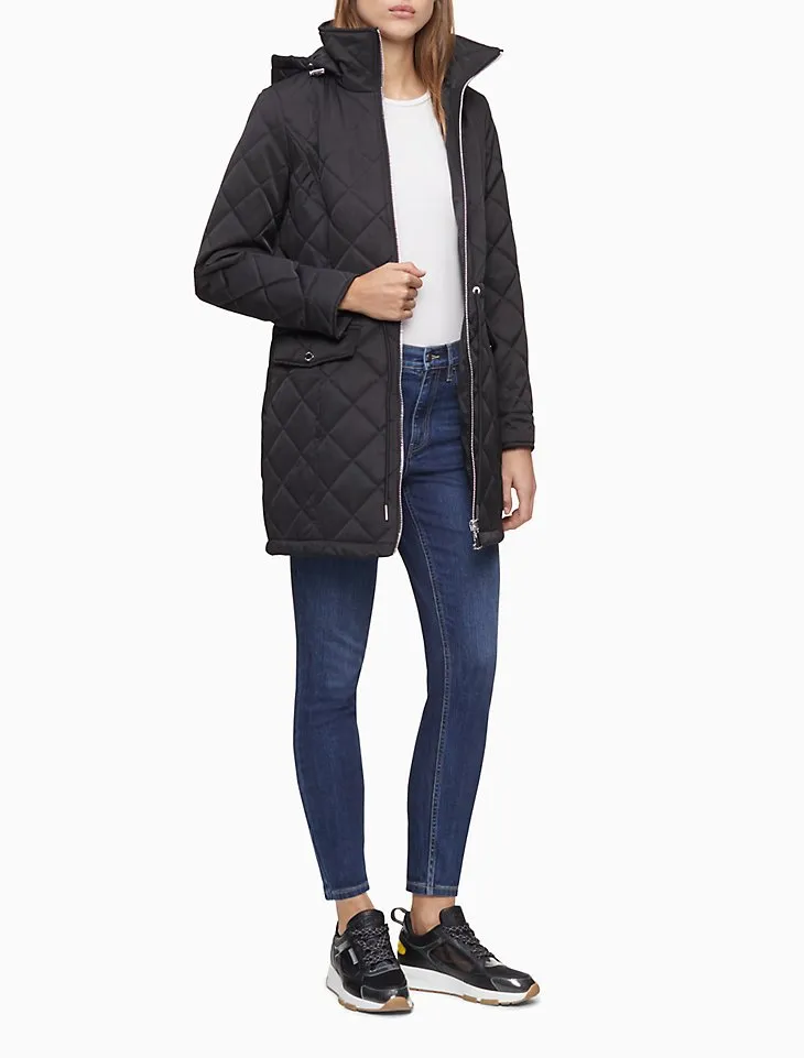 Quilted Cinch Waist Zip Hooded Jacket