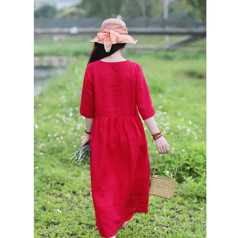 Red Women Dresses Linen Spring Summer Women Dresses SMM96204